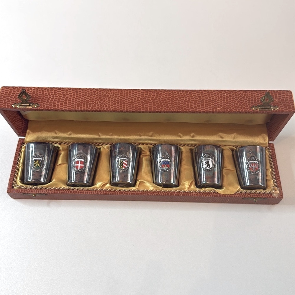 Vintage 1920s Antiko German Silverplate Shot Glasses with City Coat of Arms